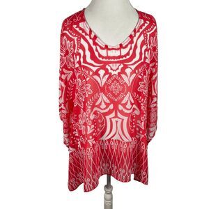 Chicos Red Poncho Semi Sheer Floral Boho Print Topper Cover Up Beachy Size L/XL